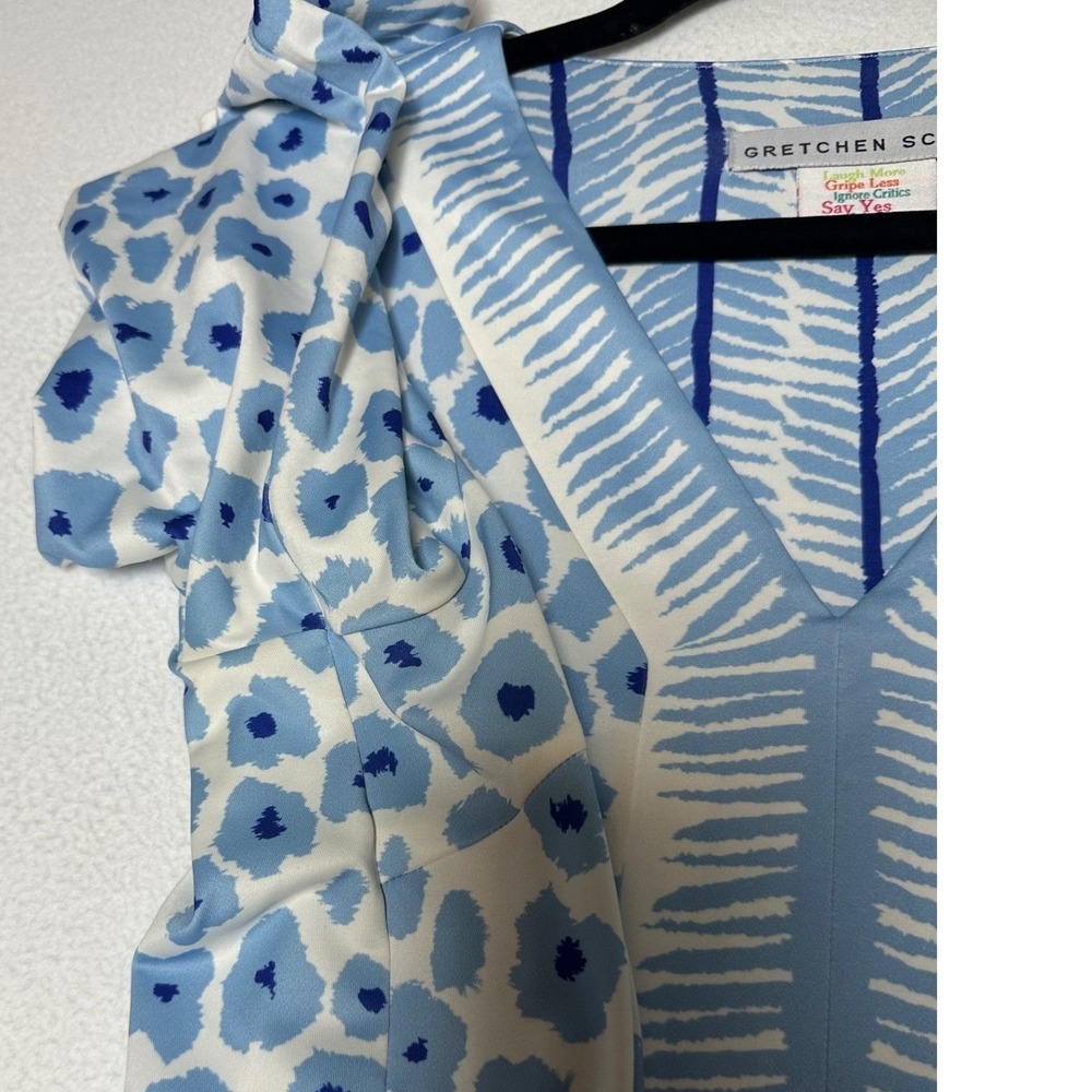 Gretchen Scott Blue White Print V-Neck Shift Dress XL Knit Resort Preppy Midi - Picture 5 of 7